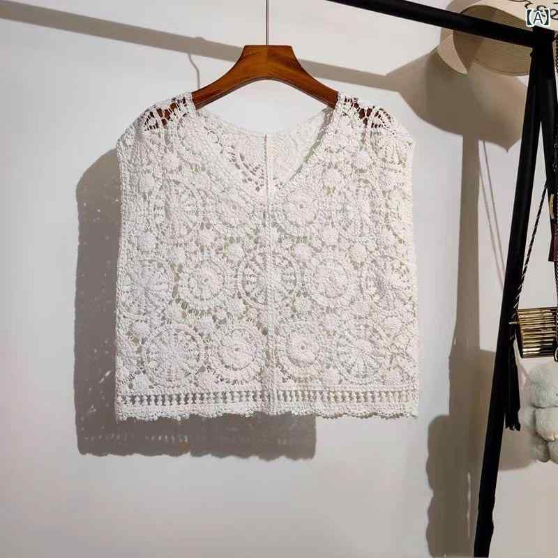 キャミソール レディース レース クロッシェ 刺繍 Vネック 背心 トップス シャツ ブラウス 綿 コットン 素材 白色 杏色 クリーム色 夏 春夏 シーズン ワイド ルーズ フィット 普通丈 清新 かわいい 学院風 プリーツ 幾何学柄 無弾性 双肩紐