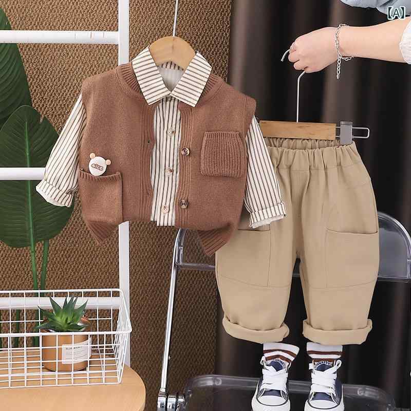 セットアップ キッズ 男の子 春秋 ニットベスト シャツ ショートパンツ 3点セット カジュアル 柔らかめ ウエストゴム 動きやすい