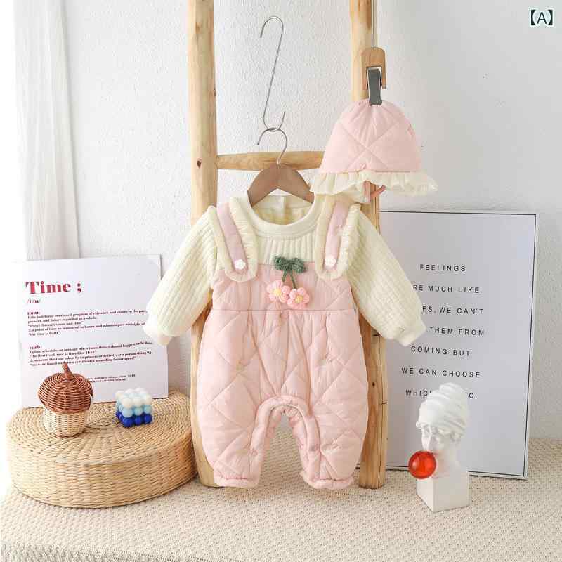 ベビー 女の子 連体服 冬用 加厚 長袖 ピンク 接触冷感 ポリエステル 甘め かわいい 外出着 保温 長爬 ロンパース 新生児 80cm以下 通年