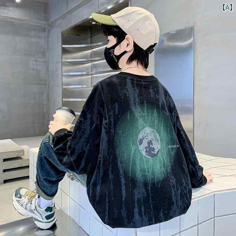 男児 長袖 Tシャツ トップス 春秋 秋冬 中大童 子供服 綿 柔軟 丸首 ブラック ホワ...