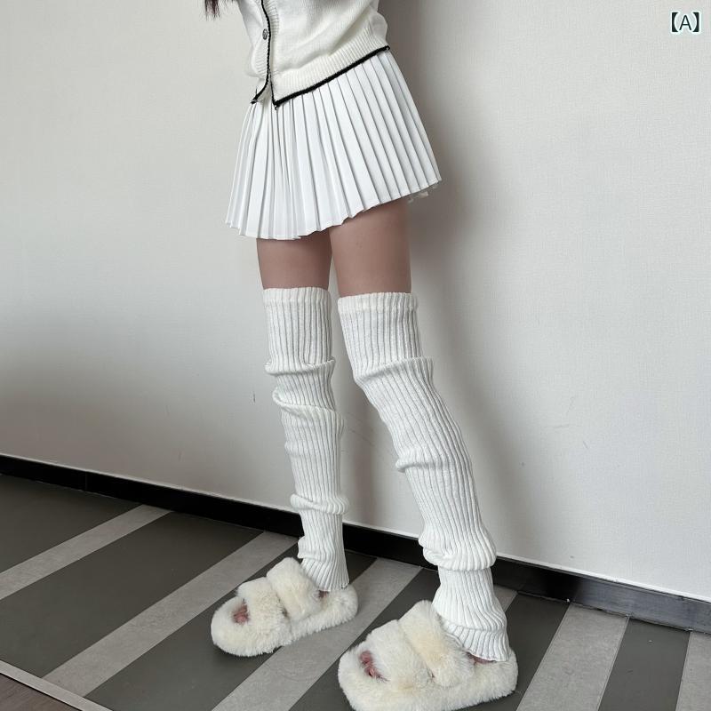 レッグウォーマー 女性用 長筒 ニット 膝上 防摩擦 腈纶 接触冷感 伸縮性 切り替え 純色 白色 クリームホワイト ブラック カーキ ライトグレー ブラウン ピンク 通勤 普段使い カジュアル