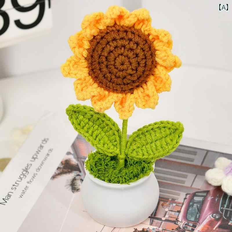 手工 毛糸 針編み 花束 盆栽 向日葵 花 デスクトップ 飾り インテリア 雑貨 ウェディング ギフト ピンク 郁金香 オレンジ 郁金香 赤 ローズ 雛菊 鈴蘭 勿忘草 グラデーション ローズ 多色 花瓶 花 撮影 小道具 ホームデコ