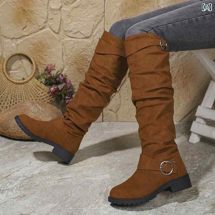 女性用 時装ブーツ ロング丈 ミドルヒール 粗跟 皮ベルト バックル プルオン 丸ト...