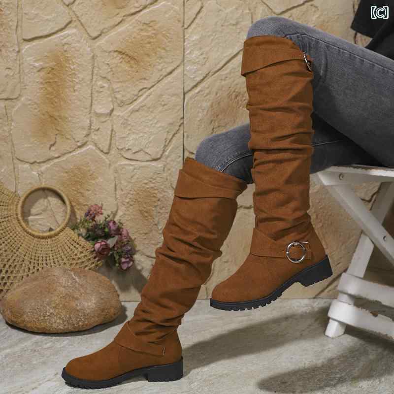 レディース ロングブーツ 騎士靴 皮帯 バックル 粗中ヒール 3-5cm 筒高 不过膝 ス...