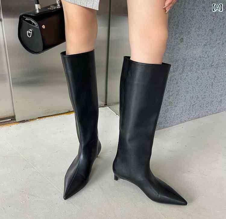 秋冬 ロングブーツ レディース 尖頭 ワイドレッグ 高筒 猫ヒール 騎士風 ファッシ...