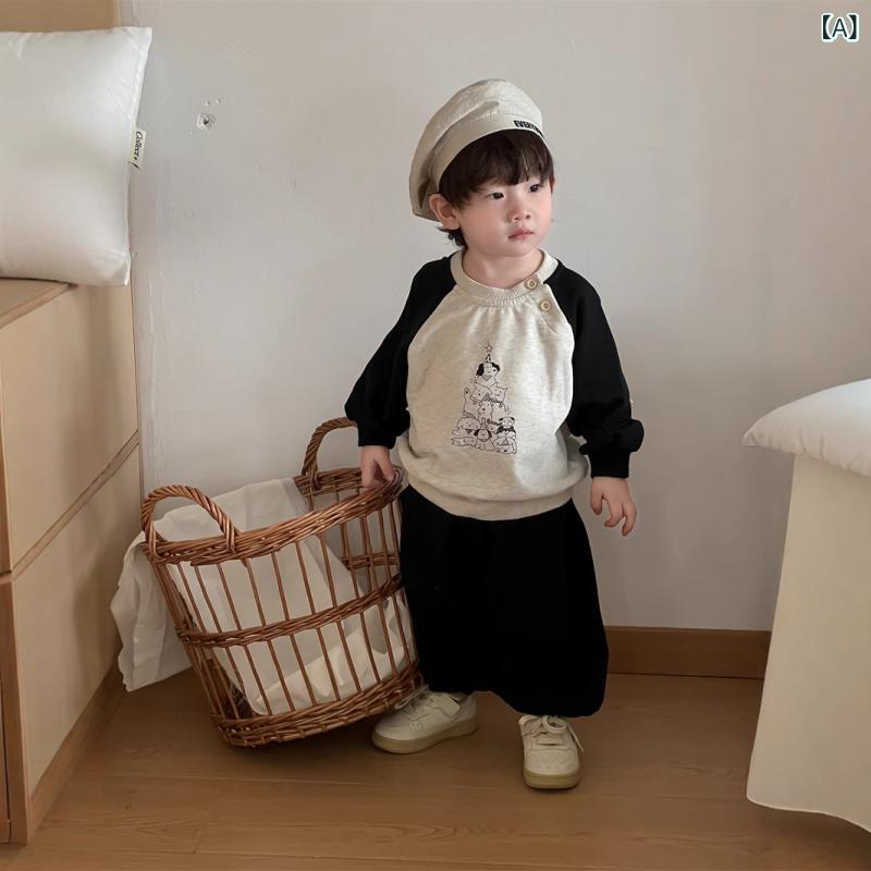 キッズ 男の子 春秋 長袖 綿 トップス 長ズボン 2点セット 動物 プリント 肩開き袖 卡通柄 柔らか素材 かわいい 親子 おしゃれ 73cm 80cm 90cm 100cm 110cm