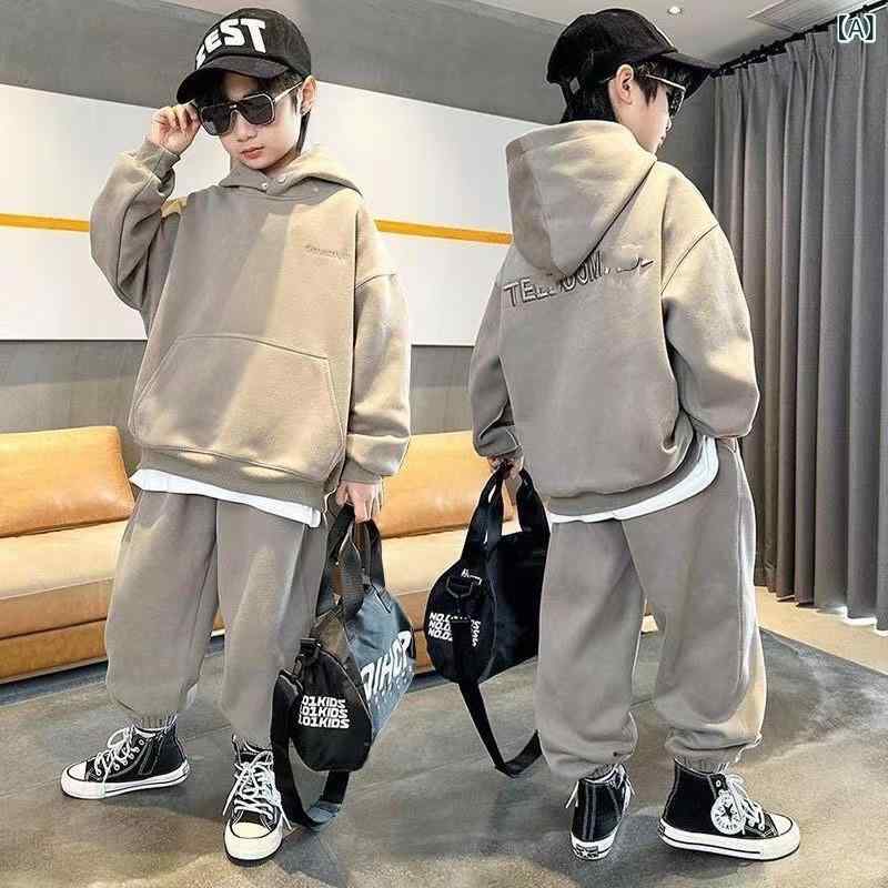 キッズ 男女兼用 秋冬 字母プリント 連帽パーカー 束脚パンツ セット 綿混 柔らか...