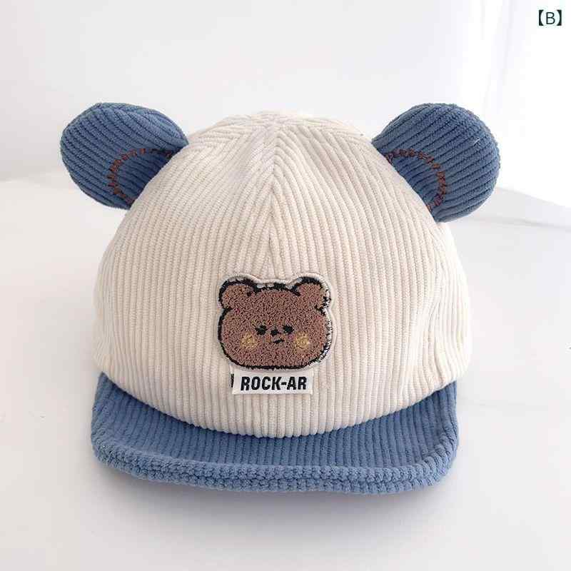 narukiのベビー キャップ キッズ 男女兼用 秋冬 保暖 灯芯绒 かわいい クマ柄 ソフトブリム 帽子 幼児用 赤ちゃん 春 防晒 個性 丸頂 短檐 ポリエステル アクリル ベージュ ブルー ブラウン グリーン ブラック｜アングル2
