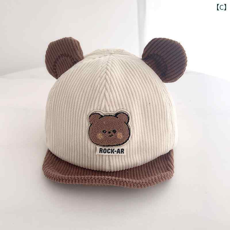 narukiのベビー キャップ キッズ 男女兼用 秋冬 保暖 灯芯绒 かわいい クマ柄 ソフトブリム 帽子 幼児用 赤ちゃん 春 防晒 個性 丸頂 短檐 ポリエステル アクリル ベージュ ブルー ブラウン グリーン ブラック｜アングル3