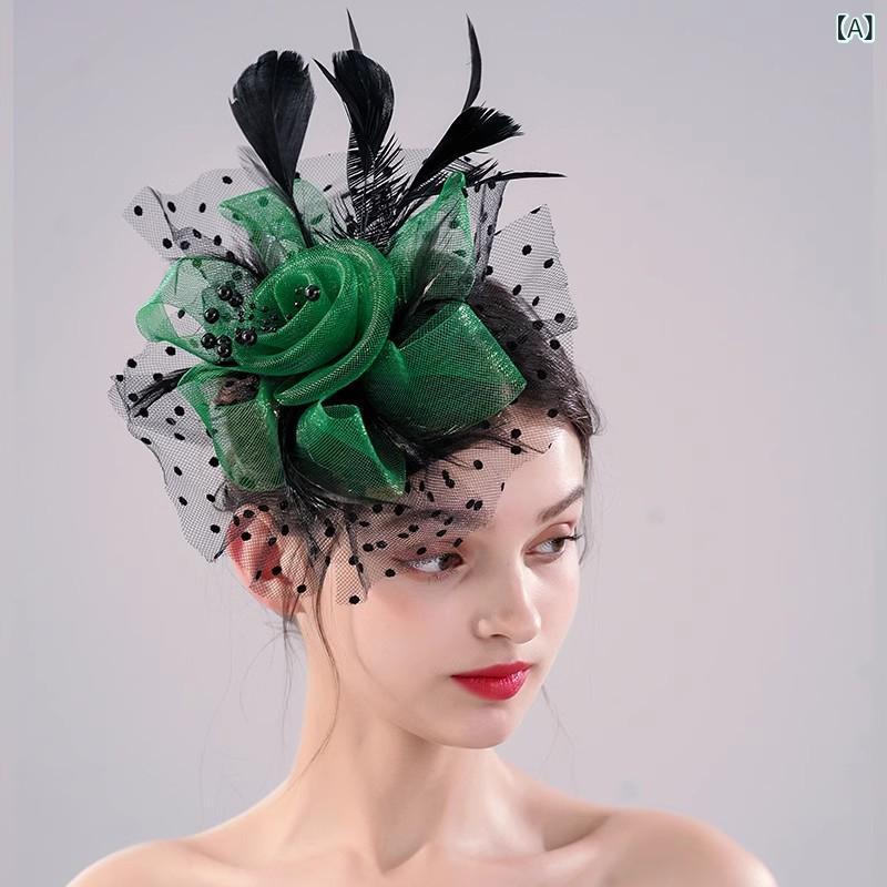 ・素材: 羽毛・スタイル: レトロ・: ヘッドドレス、ミニハット・製法: ハンドメイド・モチーフ: 花・用途: 結婚式・カラー展開: 黒＋緑縁クリップミニハット、黒クリップミニハット、白クリップミニハット・流行要素: 花、羽、チュール