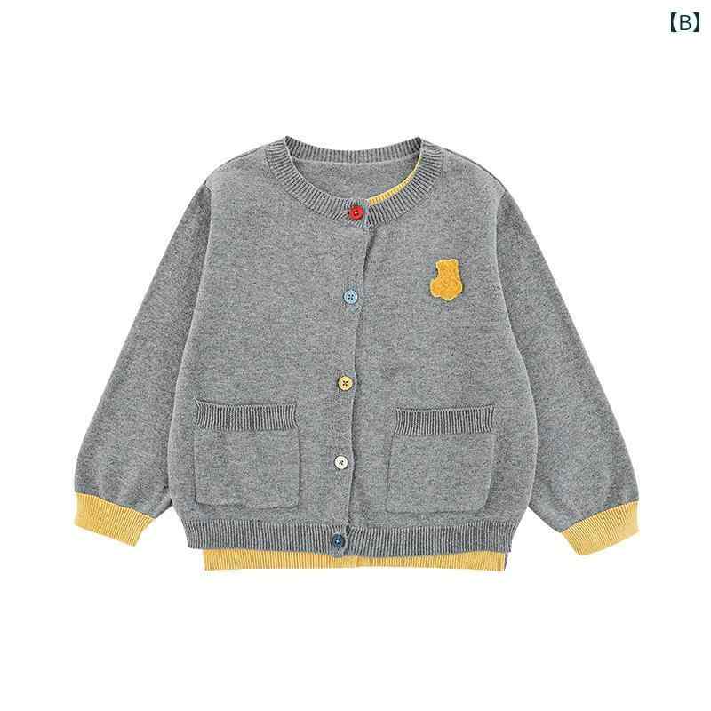 キッズ女児 クマ刺繍 ダブルカラー ニットカーディガン 春 長袖 単排ボタン 丸首 ...