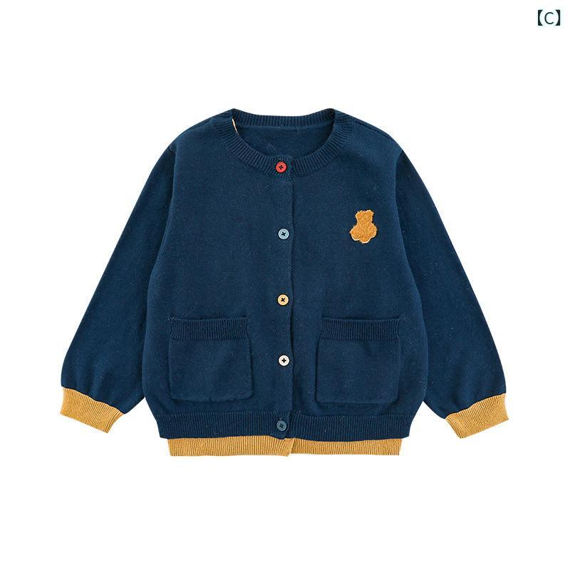 キッズ女児 クマ刺繍 ダブルカラー ニットカーディガン 春 長袖 単排ボタン 丸首 ...