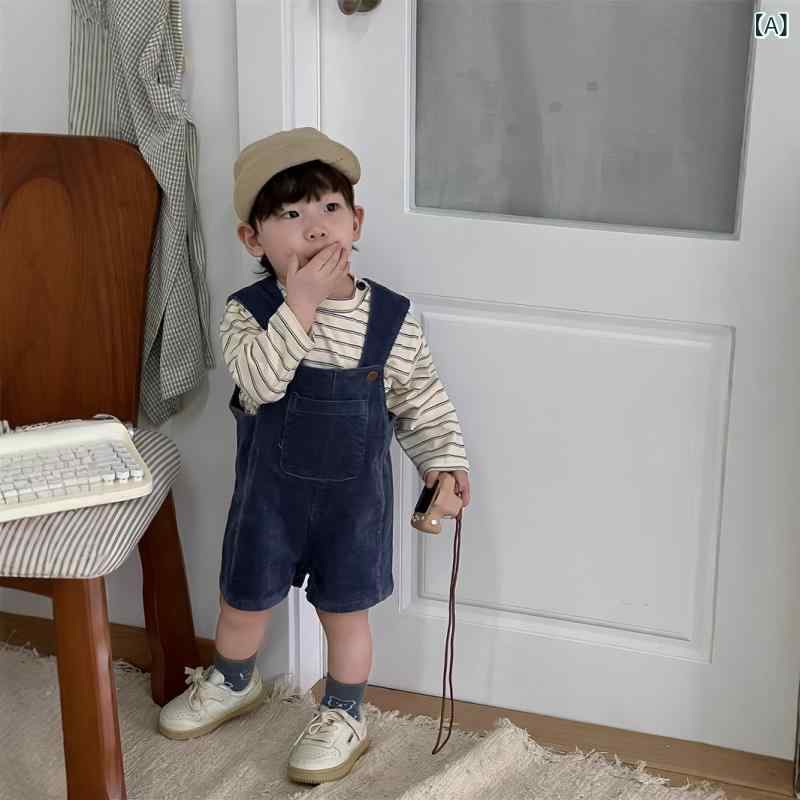 セットアップ キッズ 男の子 春秋 長袖 ストライプ Tシャツ コーデュロイ サロペット…