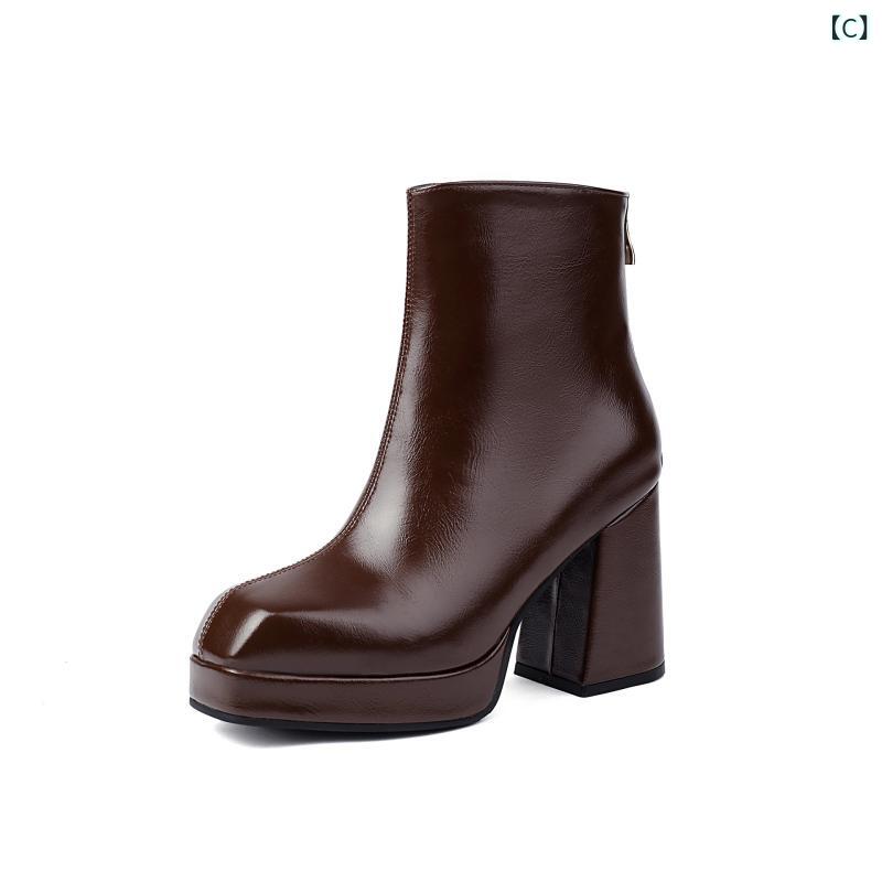 女性用 秋冬 ショートブーツ 方頭 厚底 粗高跟 低筒 レディース ファッション シュ...