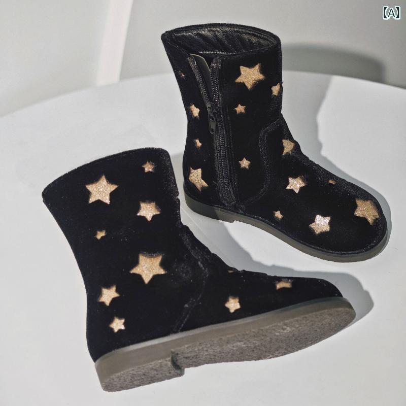 ・カテゴリ: 時装靴・カラー展開: ブラック・サイズ展開: 26,27,28,29,30,31,32,33,34,35・対象年齢: 4-6歳・アッパー素材: スエード・ソール素材: ゴム・厚み: 普通・着脱方法: サイドジッパー・筒高: 中筒