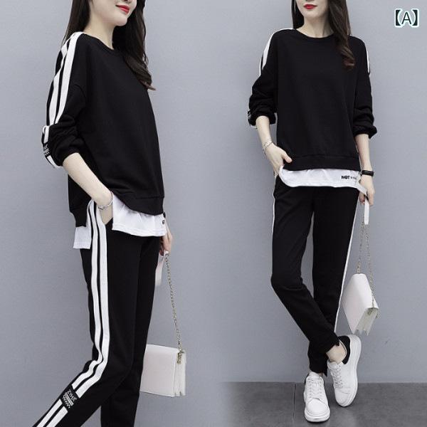 レディース 秋服 セットアップ 厚手 かわいい ゆったり ルームウェア 長袖 トップス ボトムス 切り替え デザイン 偽ツーピース 風 黒 ピンク ライトブルー 涤纶 ポリエステル 素材 快適 伸縮性 日韓 スタイル 普段使い ゆったり シルエット 隠れ