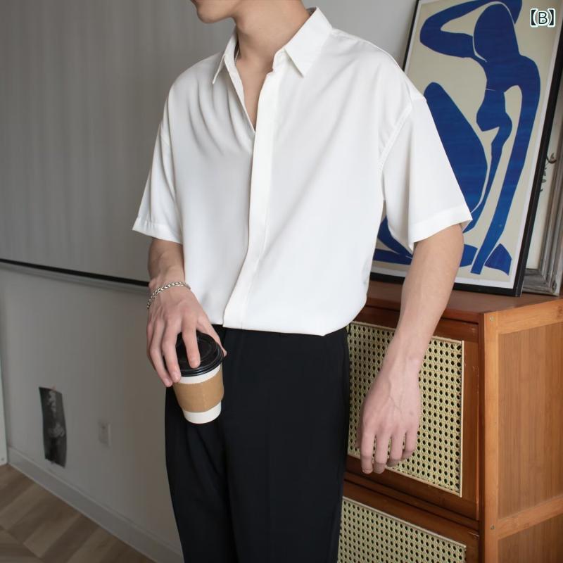 メンズ シャツ トップス 半袖 立領 春夏 ゆったり ワイドシルエット 無地 免アイロン ポリエステル 混紡 接触冷感 軽量 通勤 普段使い カジュアル コーヒー ホワイト ブラック ライトグリーン ゆったり 垂感 narukimar-10768508 naruki サンプル画像2