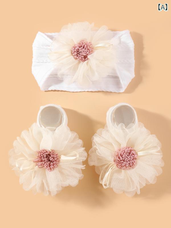 ベビー 女の子 頭飾 セット 超柔らか ニルス柄 頭 バンド ソックス 発帯 花柄 花卉 布地 柔らかい かわいい ピンク系 ホワイト ベージュ 赤 かき 接触冷感 春夏 通年 普段使い 部屋着