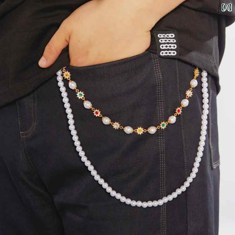 パンツチェーン メンズ レディース ユニセックス 珍珠 小花 モチーフ 合金 製 腰チェーン チェーン ストラップ ストリート ファッション ヒップホップ デニム 配飾 金色 銀色 春夏 軽量 通勤 普段使い アウトドア