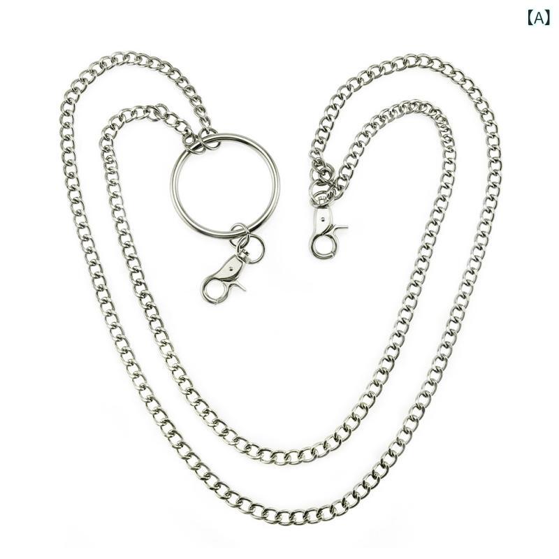 メンズ 腰チェーン 金属 ズボンチェーン 個性派 ヒップホップ ロック ユーロスタイル クラブ アクセサリー 銀色 シングルサークル 長さ60-80cm 通年使用 ハングタグ 調整可能 ストリートファッション ダブルレイヤー