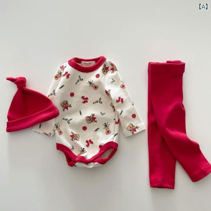 ベビー 秋冬 連体服 トップス ロングパンツ 3点セット 男の子 女の子 長袖 フード 取り外し可 精梳綿 コットン 赤 緑 かわいい小鹿プリント 聖誕服 韓流スタイル 厚手 実用 普段使い 室内着 80cm〜100cm