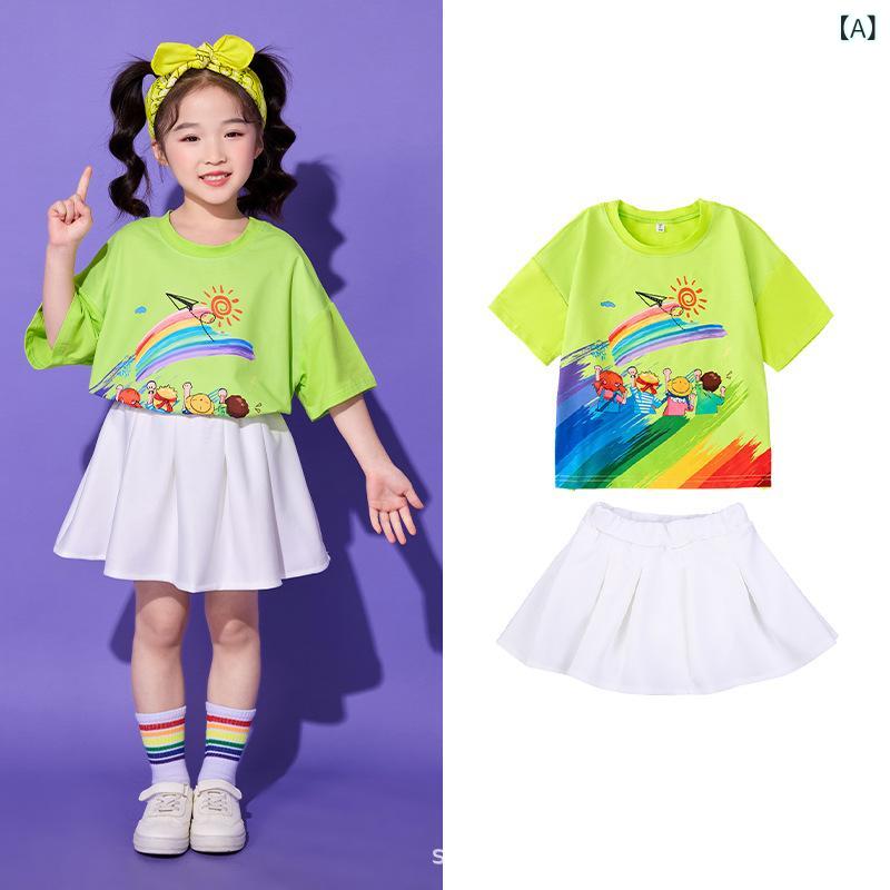 キッズ ララチーム 演出服 ユニフォーム 緑 白 セット 短袖 スカート ショートパンツ 帽子 頭巾 ソックス ヘアバンド 子供園 運動会 開会式 ダンス 衣装 コットン混 伸縮性 通気性 春秋 緑 白 カラー