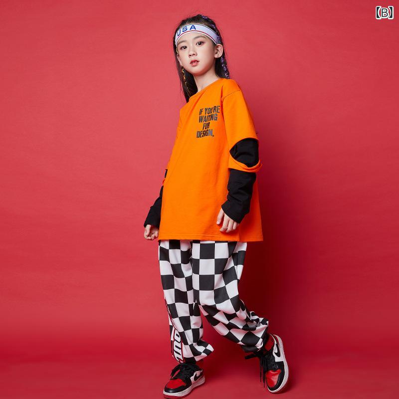 narukiのキッズ 女児 男児 ストリートダンス 服 ヒップホップ 爵士舞 演出服 セット 綿 春秋 韓版 かわいい かっこいい オレンジ モザイク柄 長ズボン トップス 練習着 ステージ衣装 通学 普段使い 伸縮性 軽量 切り替え デザイン ビッグシルエット｜アングル2