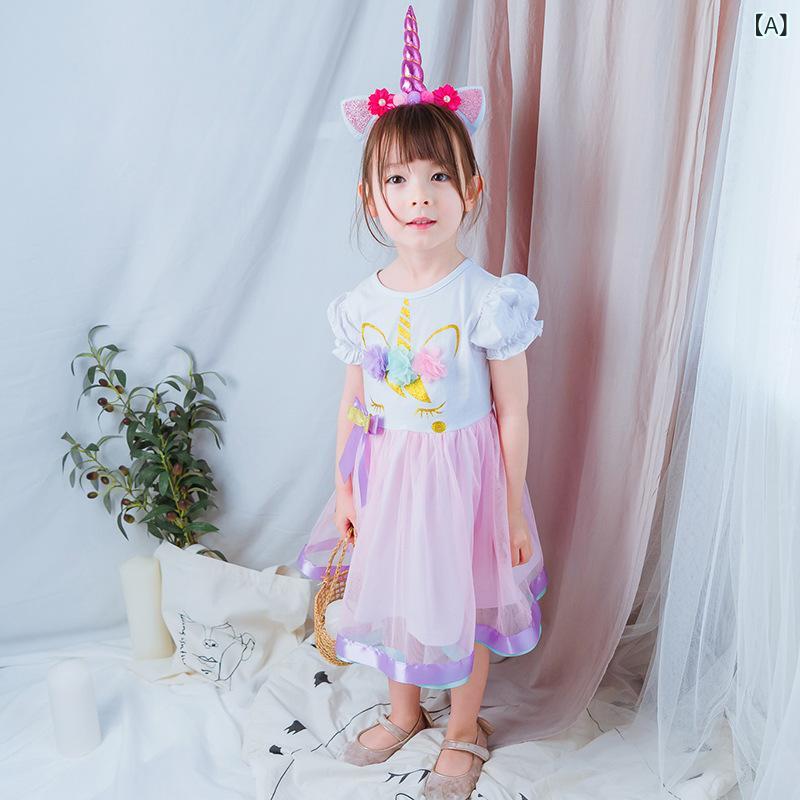 女の子 ワンピース キッズ プリンセスドレス ランタンスリーブ 短袖 ユニコーンパターン 百褶スカート 綿 接触冷感 防紫外線 かわいい 動物柄 花柄 ドット柄 春秋 夏 春 秋 通年 日常 パーティー 演出 英倫風
