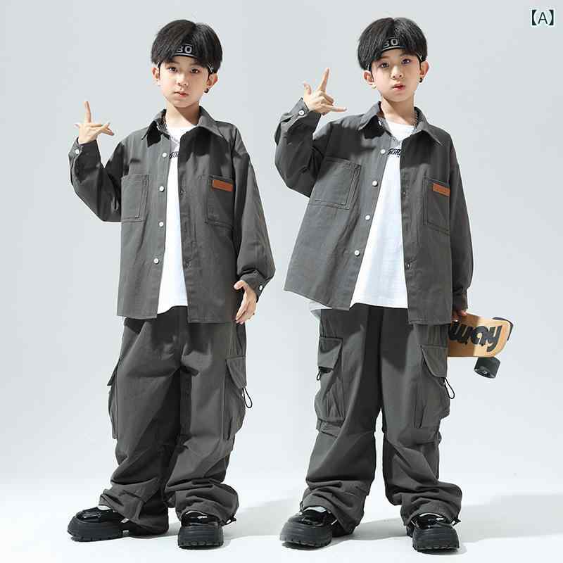 キッズ 男の子 女の子 ヒップホップ ストリートダンス 衣装 セット 潮服 街頭スタイル グレー シャツ ホワイト スウェット オレンジ ロゴ グレー ロングパンツ 白 スカーフ 帽子 ヘッドバンド 110cm 120cm 130cm 140cm 150
