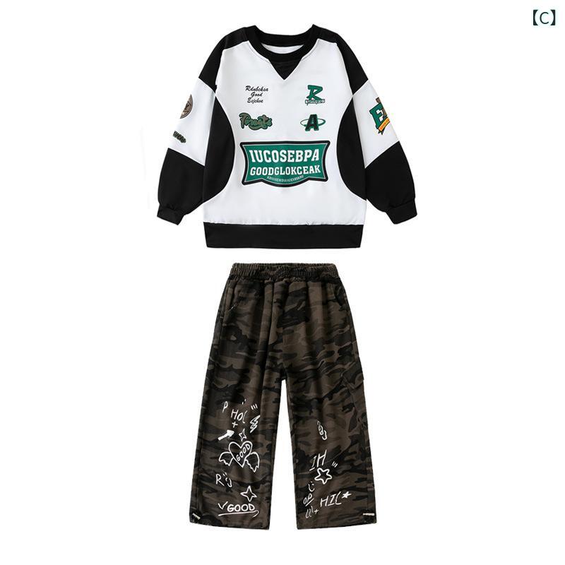 narukiのキッズ 男の子 ダンス 衣装 ヒップホップ ストリートダンス 秋冬 セット トップス 長袖 切り替え ブラック ホワイト パンツ ロング 迷彩 グラフィティ コットン ストレッチ 軽量 通学 普段使い ダンス練習 ステージ 演出 かわいい クール｜アングル3