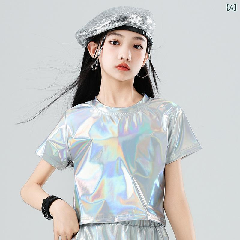 キッズ 男の子 街舞 ロボット 未来 ダンス衣装 運動会 ララチーム 公演 子供服 短袖 シルバー フラッシュパウダー フラッシュパープル 光沢スカート 白レース 蝶結び 網ストッキング 潮 クール ポリエステル 伸縮性 キラキラ 春季