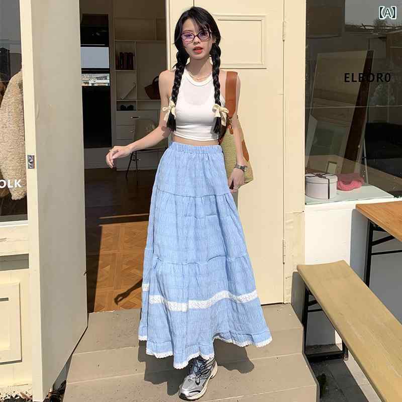 ・カテゴリ: スカート・スタイル: 森ガール風・主な素材: ポリエステル95%、スパンデックス5%・スカート丈: ミドル丈・シルエット: ケーキスカート・装飾: レース・柄: 配色・カラー展開: 格藍・サイズ展開: S、M、L、XL