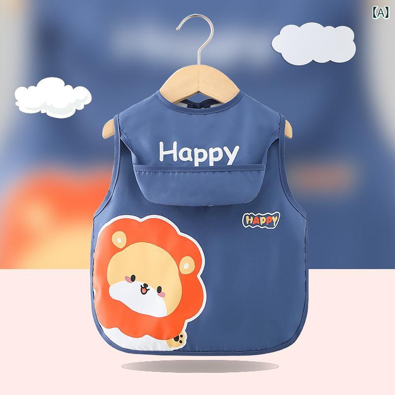 ベビー 子供用 防水 ノースリーブ エプロン 飯兜 汚れ防止 罩衣 半袖 ポリエステル ポリエステル 男女兼用 男の子 女の子 赤ちゃん 幼稚園 通園用 普段使い かわいい カートゥーン 柄 ブルー グリーン イエロー ピンク 春 軽量 薄手 伸縮性