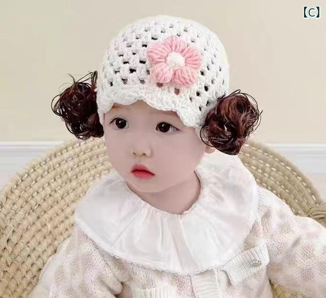 narukiのベビー 女の子 ニット帽 手編み 毛線 帽子 春秋冬 かわいい 辫子 ウィッグ 帽子 ピンク系 赤 桜桃 花飾り 通気性性 柔軟素材 丸頂 無檐 プリンセス スタイル ナチュラル 甘美 日韓風 赤ちゃん用 1-2歳 6-22ヶ月｜アングル3