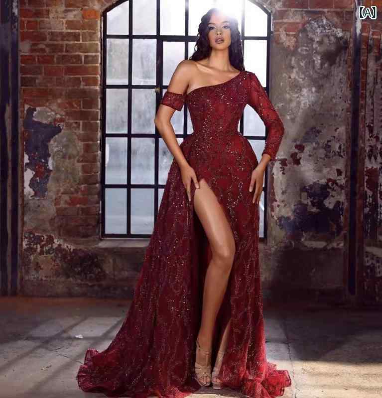 ・カテゴリ: 婚紗・カラードレス・スタイル: セクシー・カラー展開: 棗赤・サイズ展開: S、M、L、XL、XXL・シルエット: マーメイドライン・デザイン特徴: ラメ加工・ウエストライン: ハイウエスト・袖丈: 長袖・スカート丈: ロング丈・袖の種類: レギュラースリーブ
