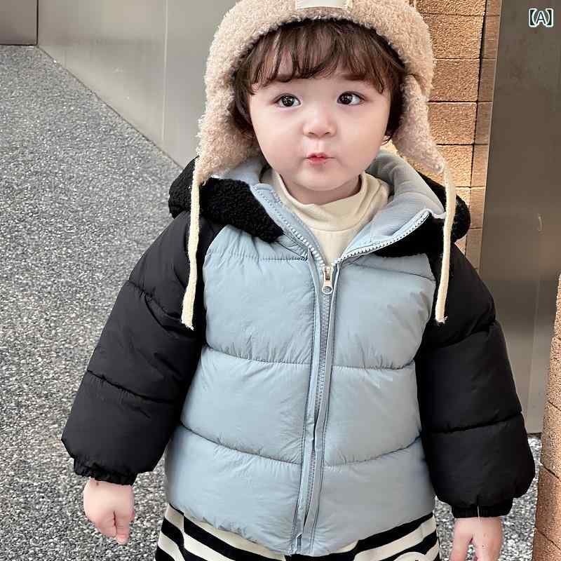 ・性別: 男性・スタイル: 韓国・対象年齢: 幼児（1〜3歳）・生地加工: 柔軟加工・フード: 付き・厚さ: 厚手・要素: トレンド・主な素材: ナイロン・裏地素材: ナイロン・規格: ・開閉: ジップアップ・ネックライン: ラウンドネック・中綿: コットン・カラー展開: ブルー、カーキ・サイズ展開: 73、80、90、100、110・カテゴリ: キッズ中綿ジャケット