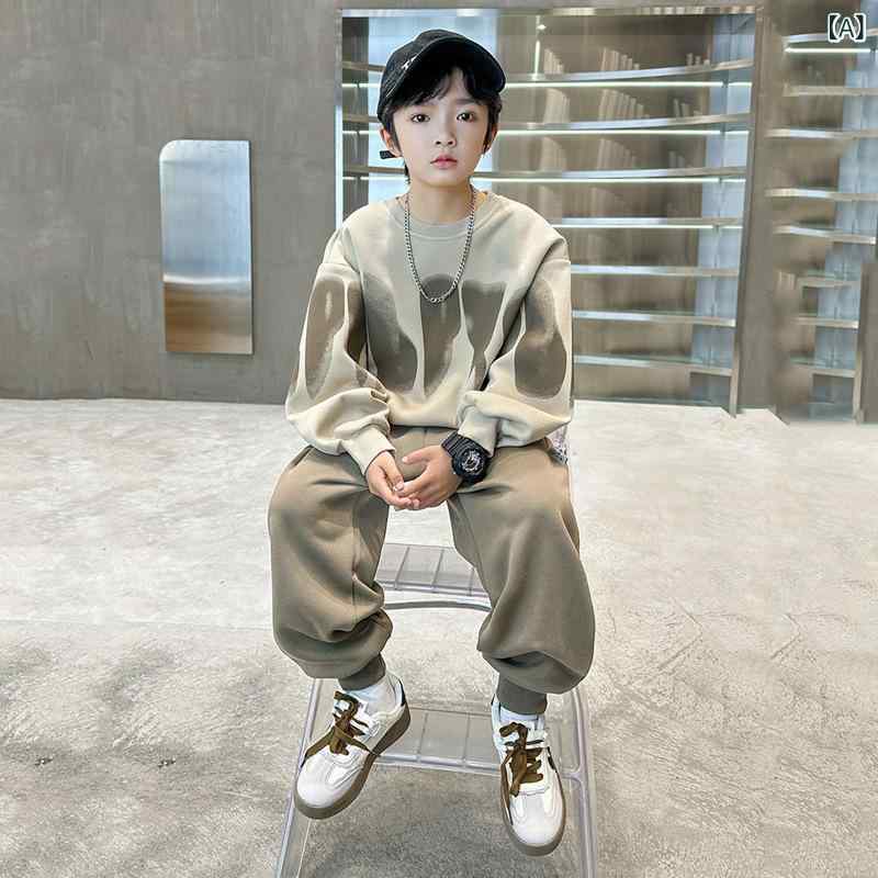 キッズ 中大童 秋冬 長袖 字母プリント フーディ ワイドパンツ セット 綿混紡 柔ら...