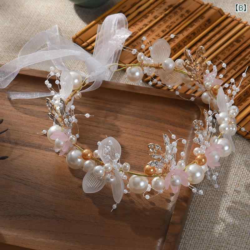 narukiの子供 ヘアバンド 花 ヘアアクセサリー キッズ 女の子 花嫁 ヘッドドレス 珍珠 花卉 ピンク ブルー ホワイト 手編み 金色 葉 プリンセス 韓国風 3-6歳 6-10歳｜アングル2
