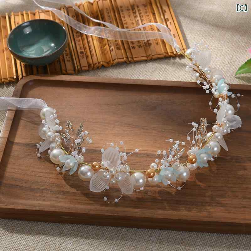 narukiの子供 ヘアバンド 花 ヘアアクセサリー キッズ 女の子 花嫁 ヘッドドレス 珍珠 花卉 ピンク ブルー ホワイト 手編み 金色 葉 プリンセス 韓国風 3-6歳 6-10歳｜アングル3