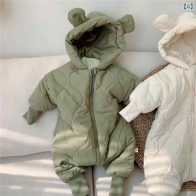 ・カテゴリ: 連体服・スタイル: 韓国・主な素材: ポリエステル・袖丈: 長袖・フード: あり・厚み: 加厚・閉鎖方式: ジッパー・カラー展開: 緑、杏色・対象年齢: 1～3歳・対象身長: 80～100cm・対象性別: 男女兼用