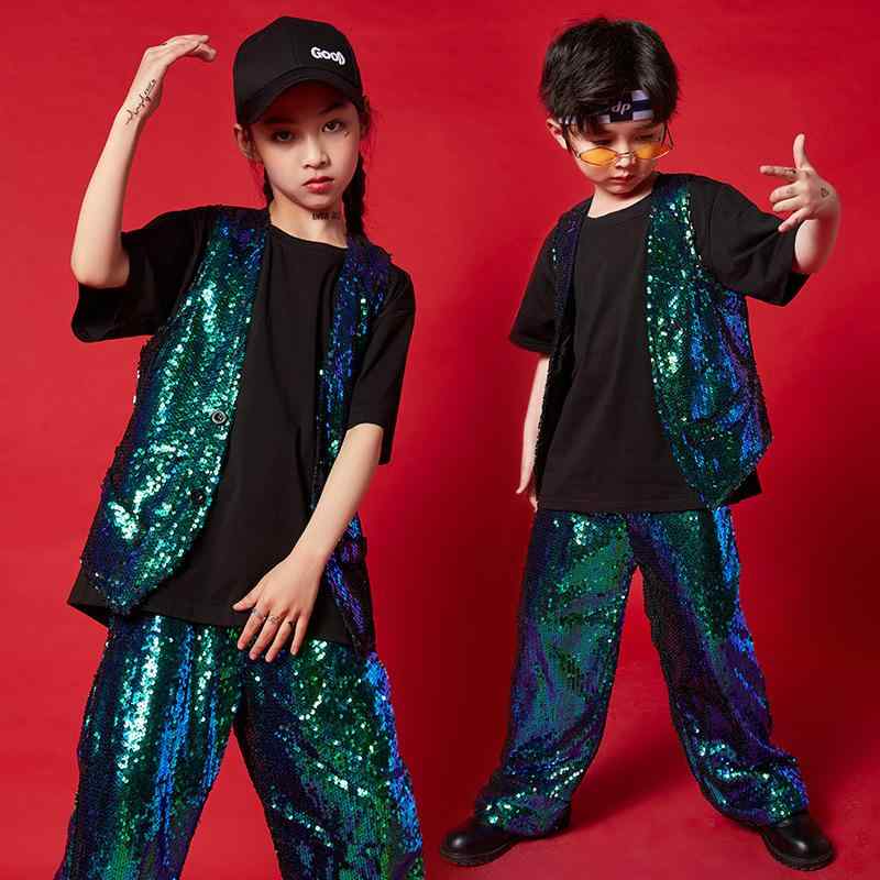 ダンス衣装 キッズ 男の子 女の子 スパンコール キラキラ ジャズダンス ステージ衣装 ドラム 演奏会 ジュニア 発表会 イベント 舞台 グリーン ブラック