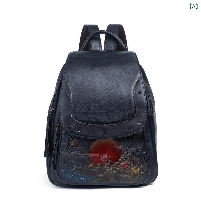 ・容量: 20-35L・素材特徴: トップグレインレザー・機能: 通気性、耐摩耗性、軽量・柄: 風景・スタイル: 文芸チャイナ風・裏地素材: ポリエステル・デザイン要素: 型押し・背負いシステム: 曲線型ショルダーストラップ・カラー展開: レトロブラック、レトロブラウン、レトロコニャック・サイズ: 79.99cm・対応PC収納サイズ: 36cm・性別: レディース