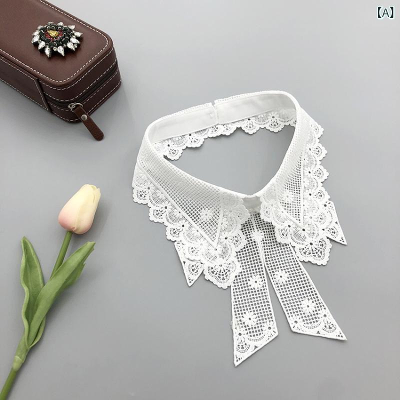 つけ襟 レディース 花柄 水溶性刺繍 レース 切り替え リボン レトロ おしゃれ 首元カバー アイボリー 黒