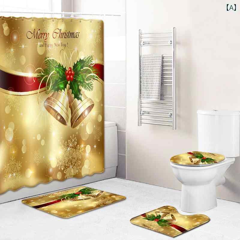 シャワーカーテン トイレマット 4点セット クリスマス 撥水加工 速乾 洗える おしゃれ 賑やか アメリカンポップ 浴室 足元マット 便座カバー 壁掛け タペストリー デコレーション パーティー 飾り 暖かい 模様替え