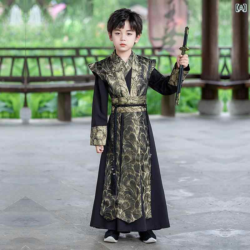 ・カテゴリ: 子供用チャイナドレス, 唐装, 民族衣装・スタイル: 中国風・デザイン: 唐装・柄: 動物・要素: セットアップ・性別: メンズ・適合年齢層: 中小児 (3～8歳)・主な素材: ポリエステル95%・生地加工: 柔軟加工・厚さ: 普通・適合シーズン: オールシーズン・カラー: 墨羽・サイズ展開: 110cm, 120cm, 130cm, 140cm, 150cm, 160cm
