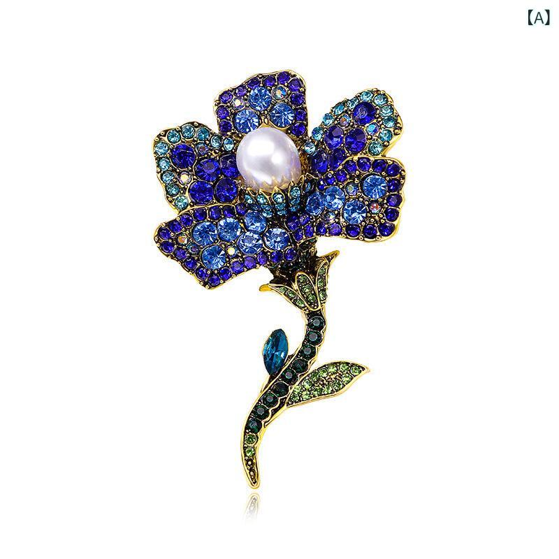・カテゴリ: ブローチ ・素材: 亜鉛合金 ・装飾: ストーン装飾 ・柄: 薔薇, 植物柄 ・スタイル: 文芸レトロ ・用途: 装飾 ・対象: 女性 ・カラー展開: ブルー, カラフル