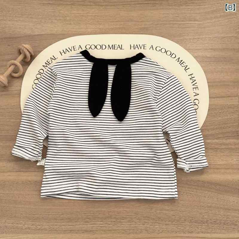 Tシャツ キッズ 長袖 トップス 春秋 ベビー 女の子 男の子 ボーダー うさ耳 かわい...