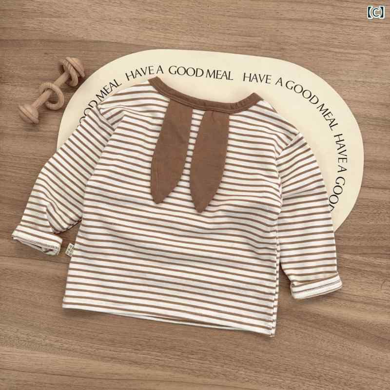 Tシャツ キッズ 長袖 トップス 春秋 ベビー 女の子 男の子 ボーダー うさ耳 かわい...