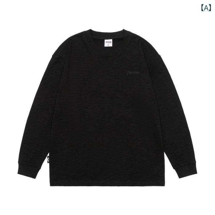 Tシャツ メンズ 長袖 丸首 綿混 刺しゅう ポケット付き ゆったり 無地 秋 厚手 インナー カジュアル
