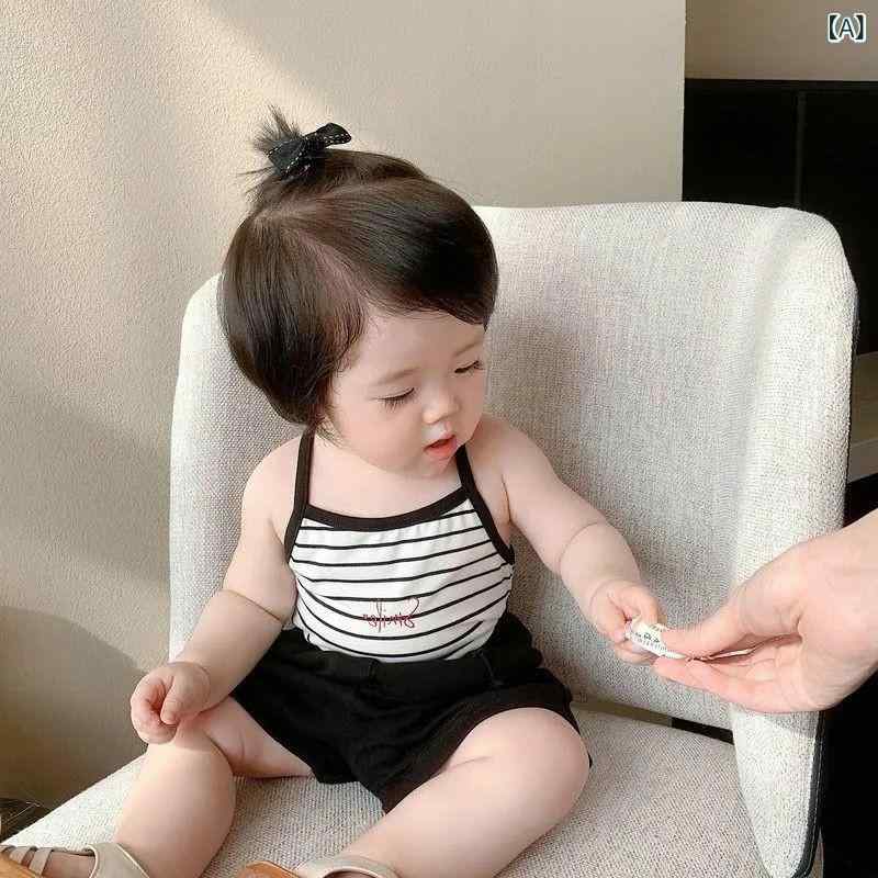 ・カテゴリ: 子供用タンクトップ、キャミソール・性別: 女児・スタイル: 韓国風・デザイン: キャミソール・対象年齢: 中小童（3～8歳、身長100～140cm）・生地加工: 柔軟処理・柄: ボーダー、プリント、アルファベット・テイスト: スポーツ、可愛い、プリンセス、トレンド、シャーベットカラー・主な素材: ビスコースレーヨン・素材割合: 95%・安全基準: B類・ネックライン: クルーネック・フード: なし・カラー展開: ブラック、ピンク、イエロー、ライトブルー、ダークブルー・対応身長: 80cm、90cm、100cm、110cm、120cm、130cm
